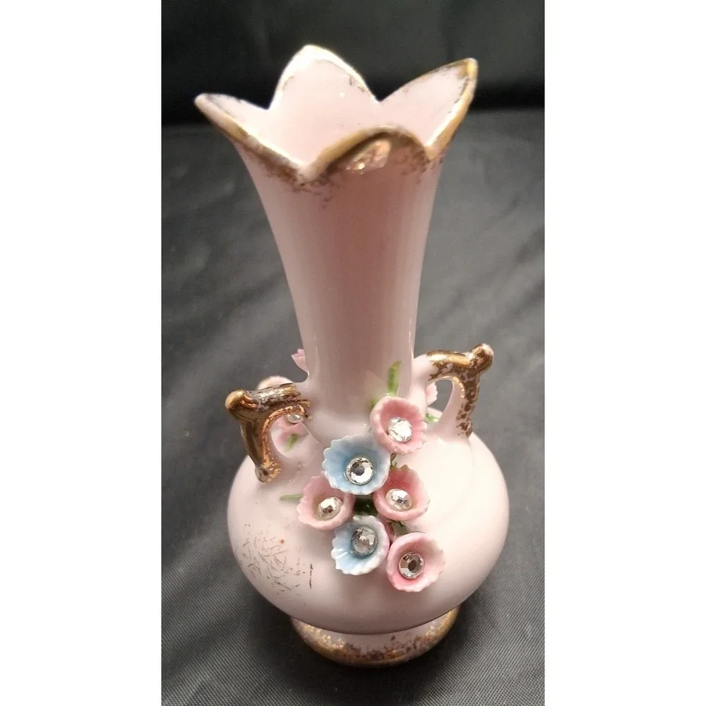 Collection of Seven Vintage Miniature Ceramic Bud Vases with Hand-Painted Design